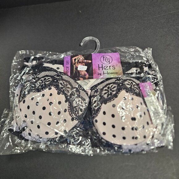 Hers by Herman Other - Hers by Herman 34C bra, M Panties set, Pink/black polka dot with black lace